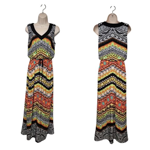 Emma & Michael Small Chevron V Neck Sleeveless Maxi Dress - Picture 1 of 3